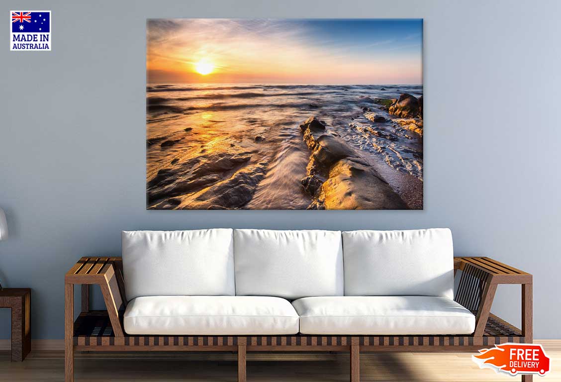 Sea with Rocks Sunset Scenery Photograph Print 100% Australian Made
