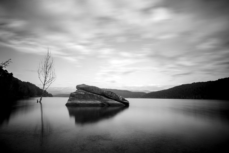 Rock on Lake with Mountains B&W View Photograph Print 100% Australian Made