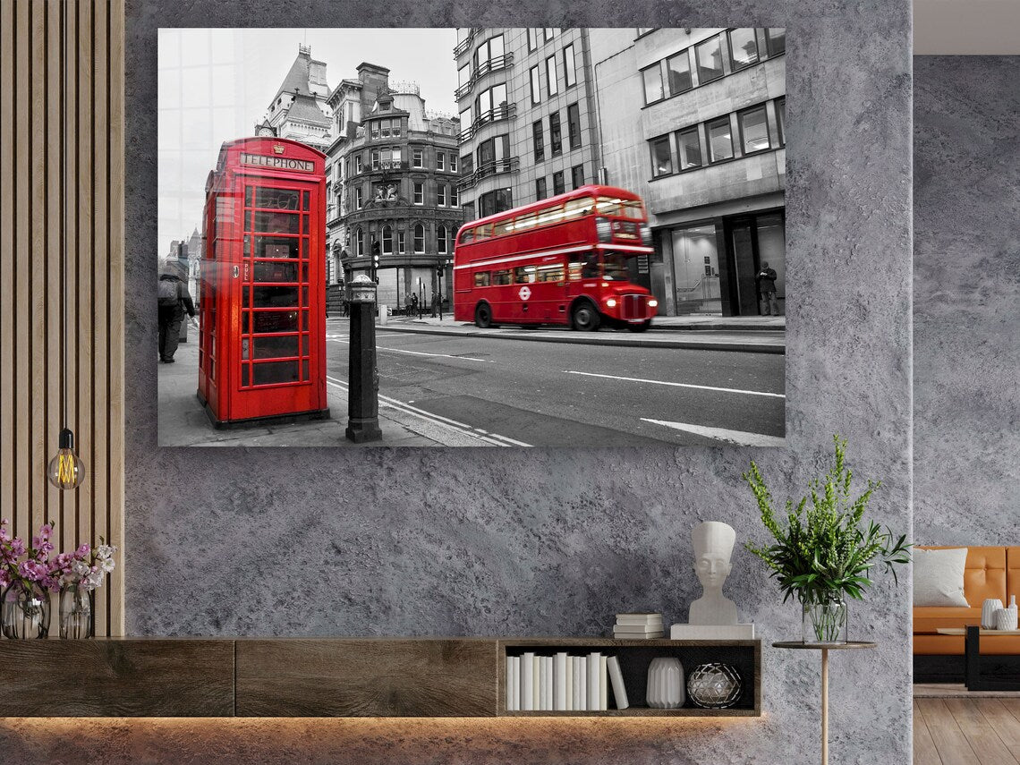 Red Bus Booth B&W City Print Tempered Glass Wall Art 100% Made in Australia Ready to Hang