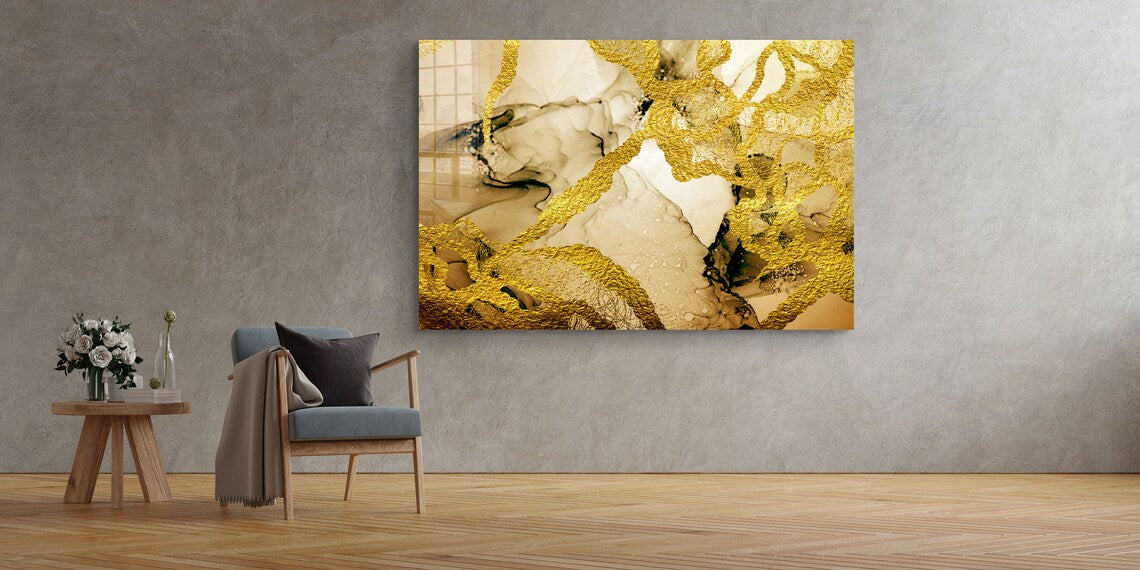 Gold Brown Abstract Print Tempered Glass Wall Art 100% Made in Australia Ready to Hang