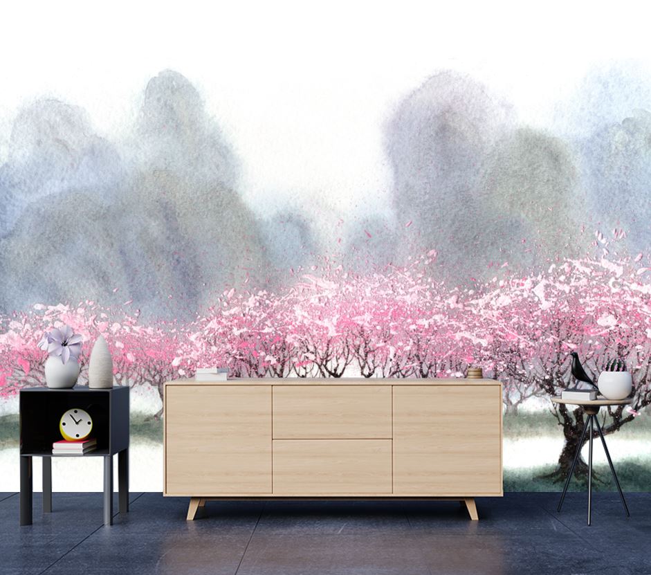 Wallpaper Murals Peel and Stick Removable Pink Flower Tree Watercolor Painting High Quality