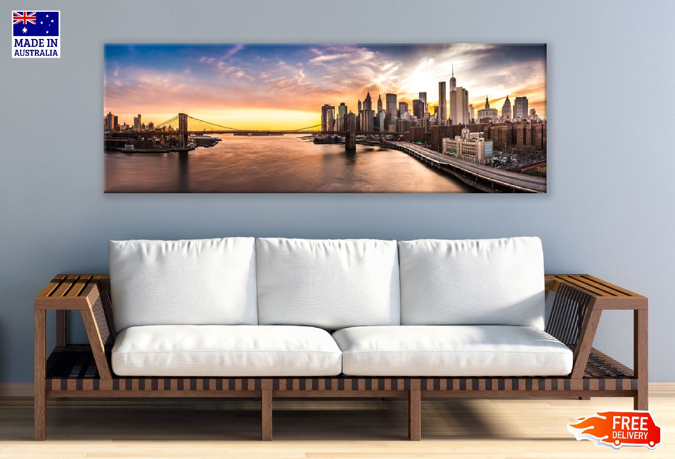 Panoramic Canvas Brooklyn Bridge at Sunset View High Quality 100% Australian Made Wall Canvas Print Ready to Hang