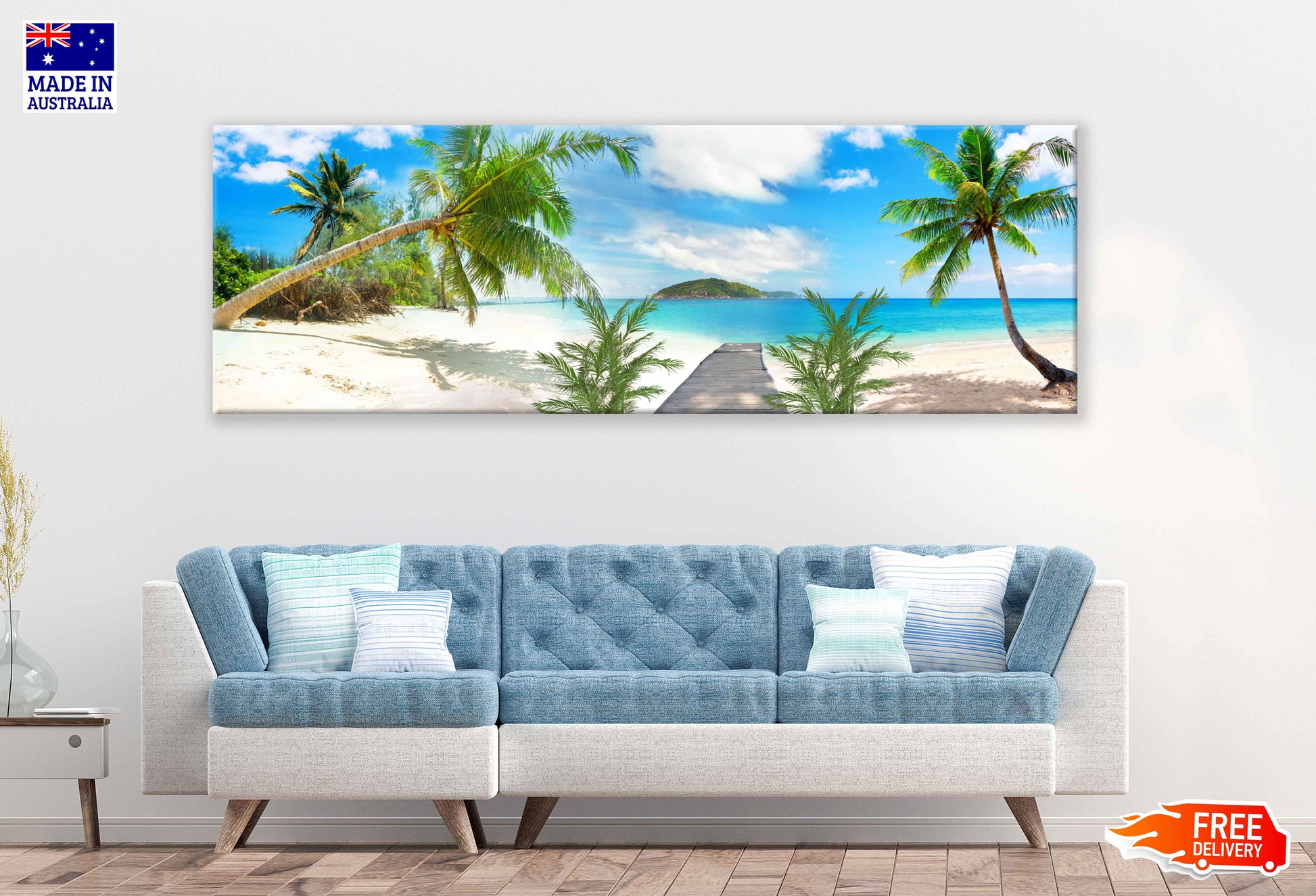 Panoramic Canvas Beach & Palm Trees View Photograph High Quality 100% Australian Made Wall Canvas Print Ready to Hang