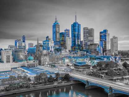 Blue City Building Night B&W View Print 100% Australian Made