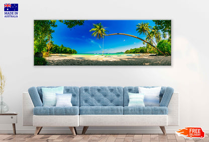 Panoramic Canvas Palm & Tropical Sea View Photographin High Quality 100% Australian Made Wall Canvas Print Ready to Hang