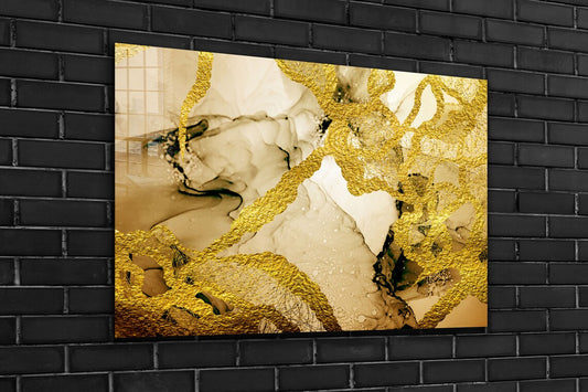 Gold Brown Abstract Print Tempered Glass Wall Art 100% Made in Australia Ready to Hang