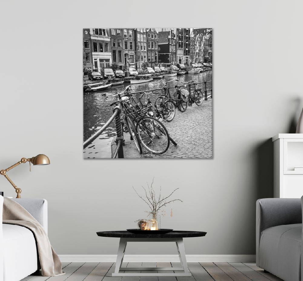 Square Canvas Bicycles Canal B&W View Photograph Amsterdam High Quality Print 100% Australian Made