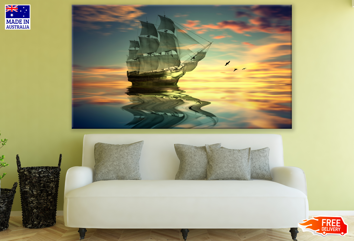 Reflection of a Ship & Birds on Beach Photograph Print 100% Australian Made