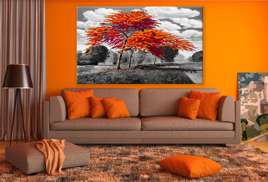 Stunning Orange Leafy Tree with B&W Background Painting Print 100% Australian Made