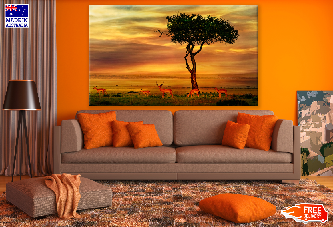 Deer Herd & Single Tree Sunset Photograph Print 100% Australian Made