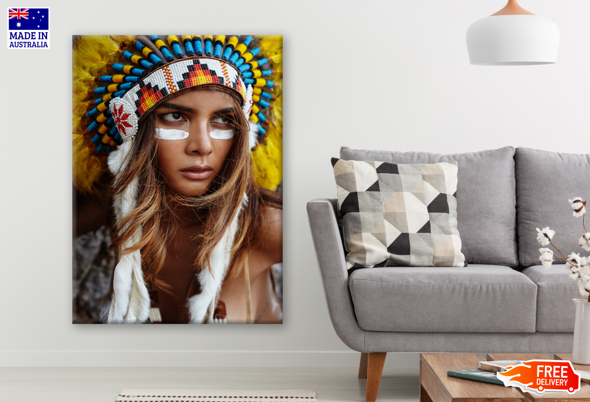 Female Portrait Tribal War Feather Headdress Photograph Print 100% Australian Made