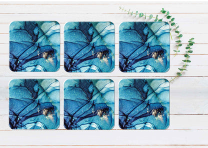 Blue Black & Silver Splash Abstract Coasters Wood & Rubber - Set of 6 Coasters