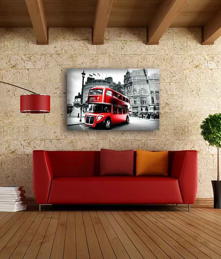 Red Bus in B&W City Photograph Acrylic Glass Print Tempered Glass Wall Art 100% Made in Australia Ready to Hang