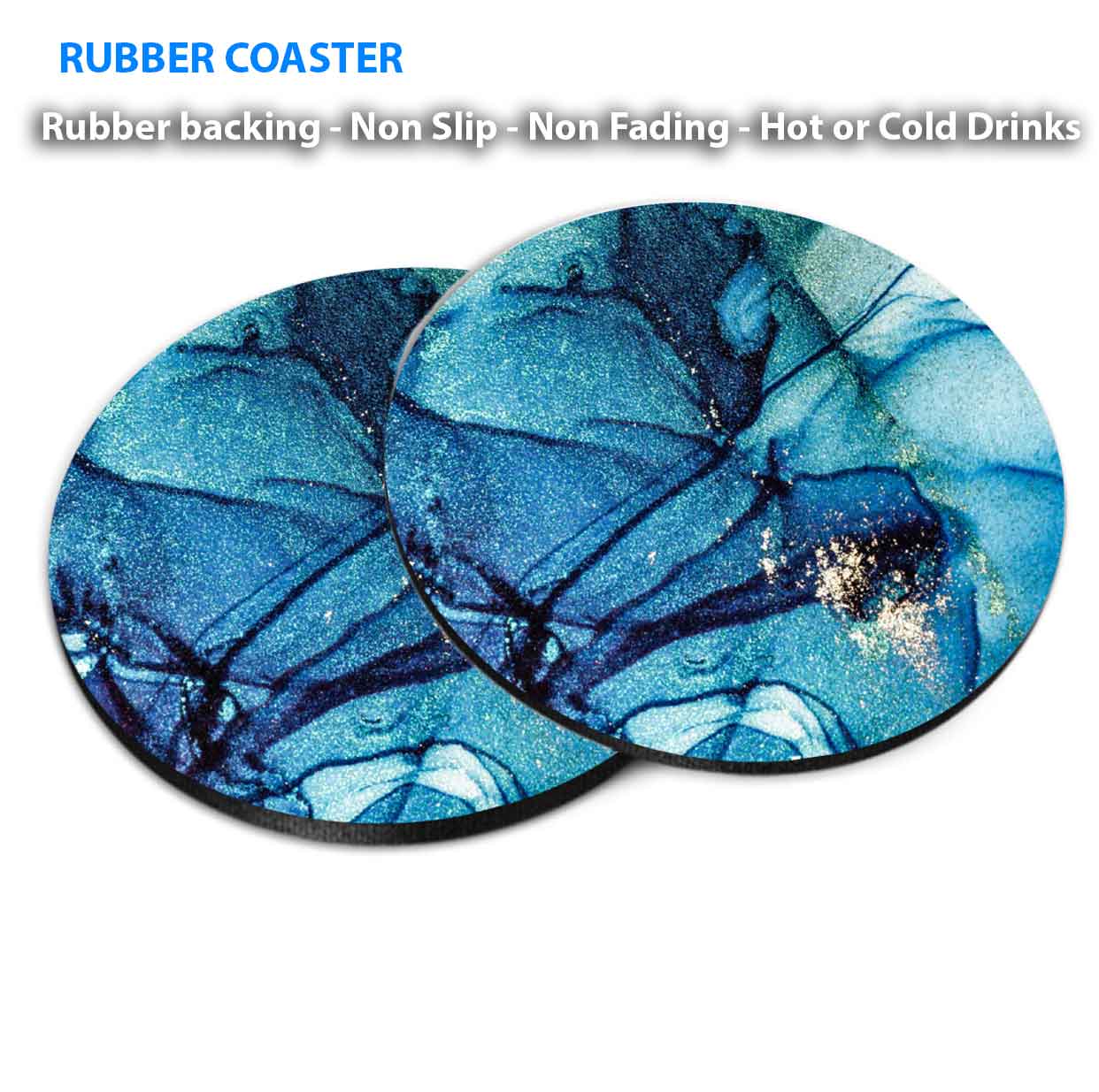 Blue Black & Silver Splash Abstract Coasters Wood & Rubber - Set of 6 Coasters