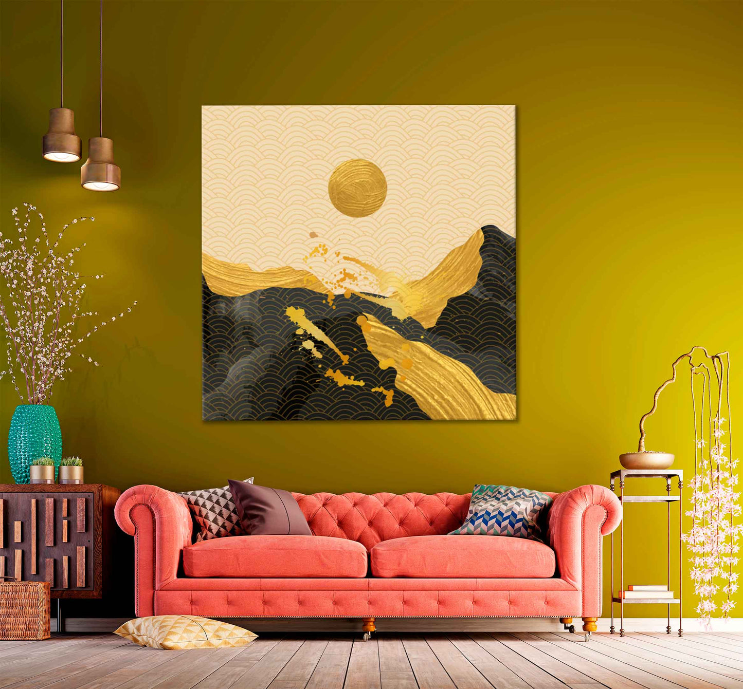 Square Canvas Golden Mountain & Moon Vector Art High Quality Print 100% Australian Made