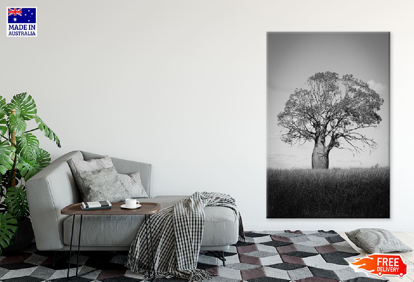 Big Old Tree on Grass Field B&W Photograph Print 100% Australian Made