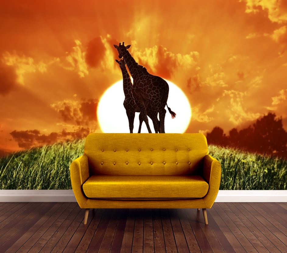 Wallpaper Murals Peel and Stick Removable Giraffe Couple at Sunset High Quality