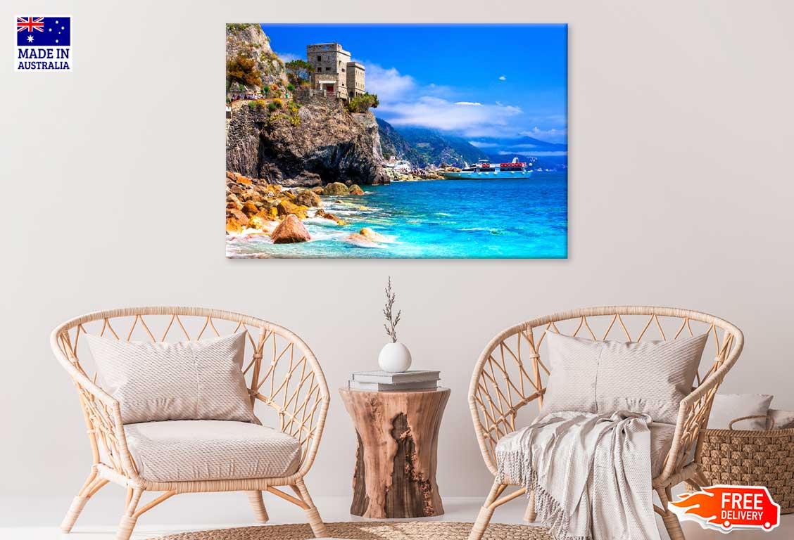 Cinque Terre Castle over Rock & Boat View Photograph Print 100% Australian Made