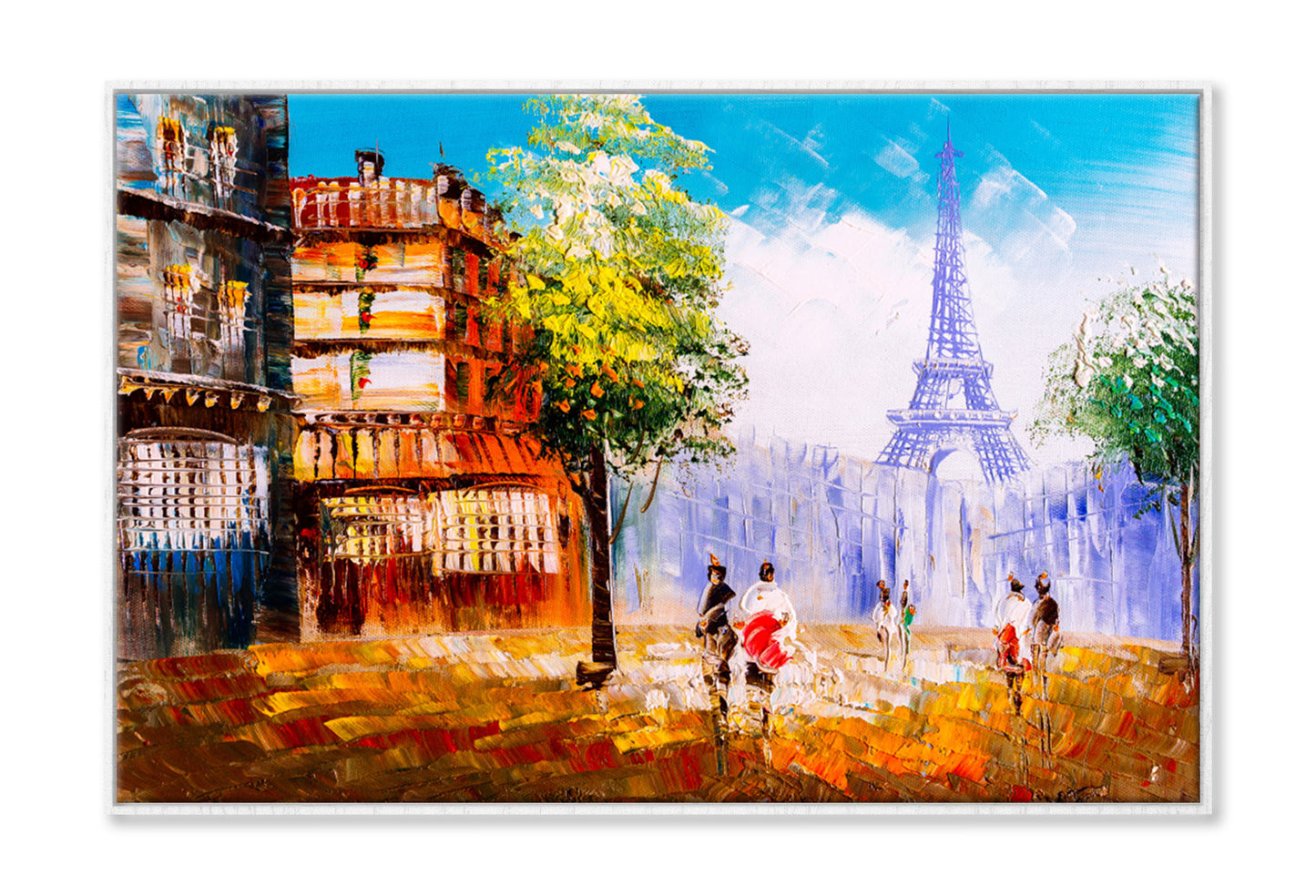 Trees in Street of Paris with People Oil Painting Wall Art Limited Edition High Quality Print Canvas Box Framed White