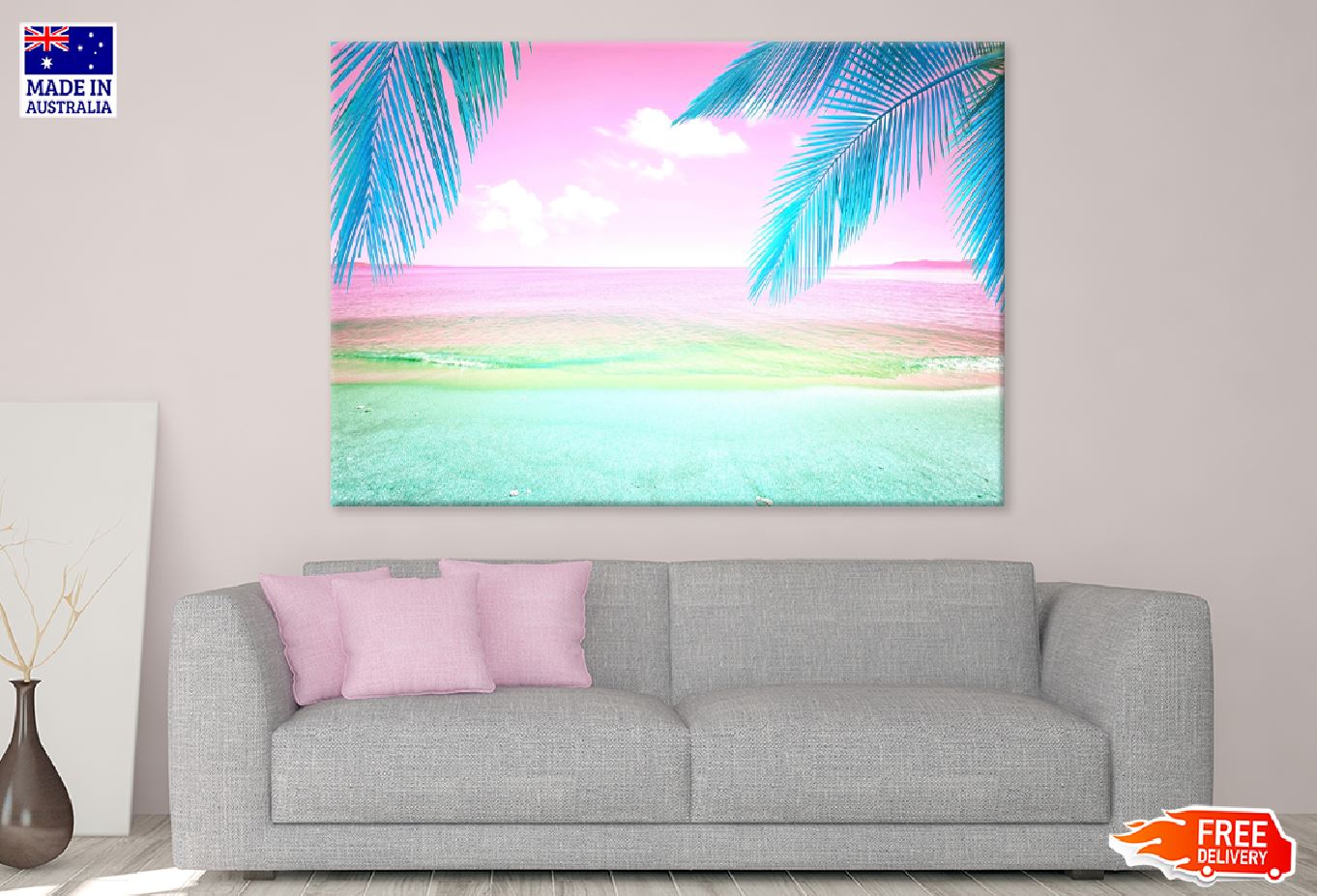 Palm Leaves near Pink Sea Scenery View Photograph Print 100% Australian Made