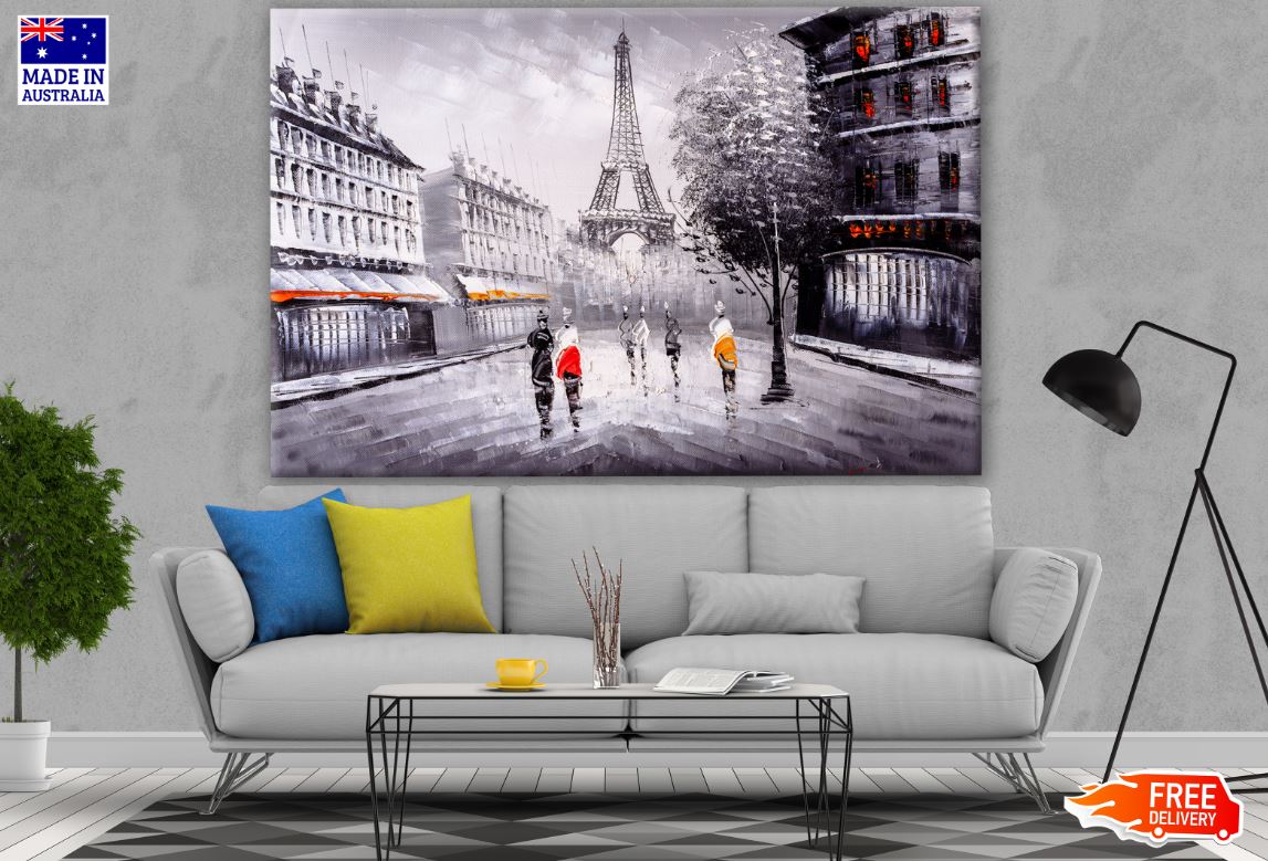 People on Streets in Paris Eiffel Tower Painting Print 100% Australian Made