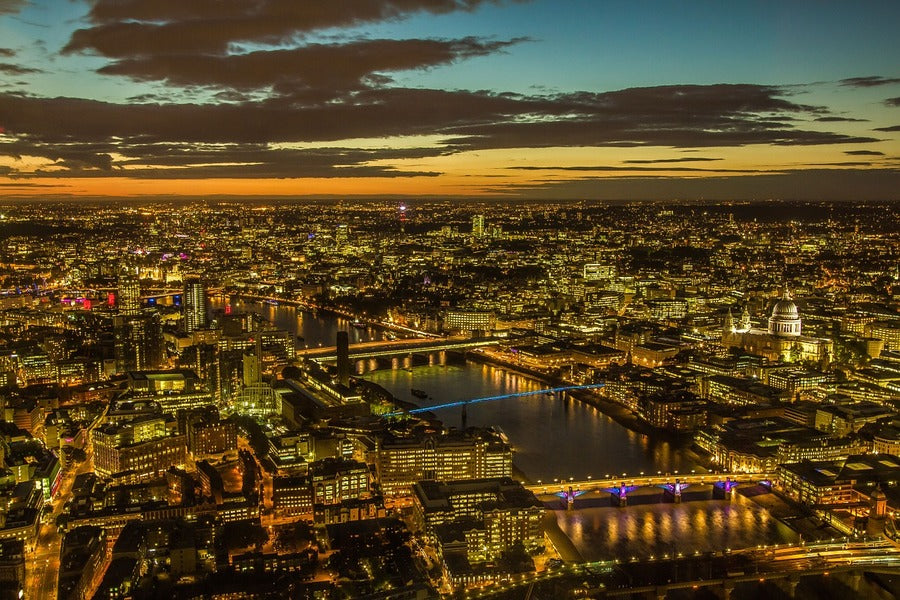 London City with Lake Night Aerial View Photograph Print 100% Australian Made