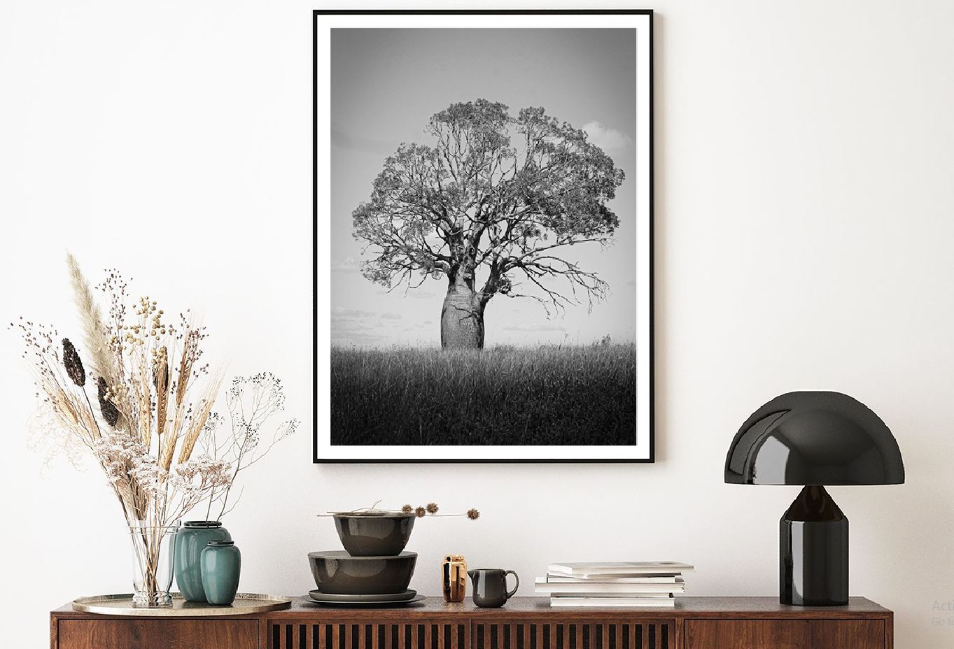 Big Old Tree on Grass Field B&W Photograph Home Decor Premium Quality Poster Print Choose Your Sizes