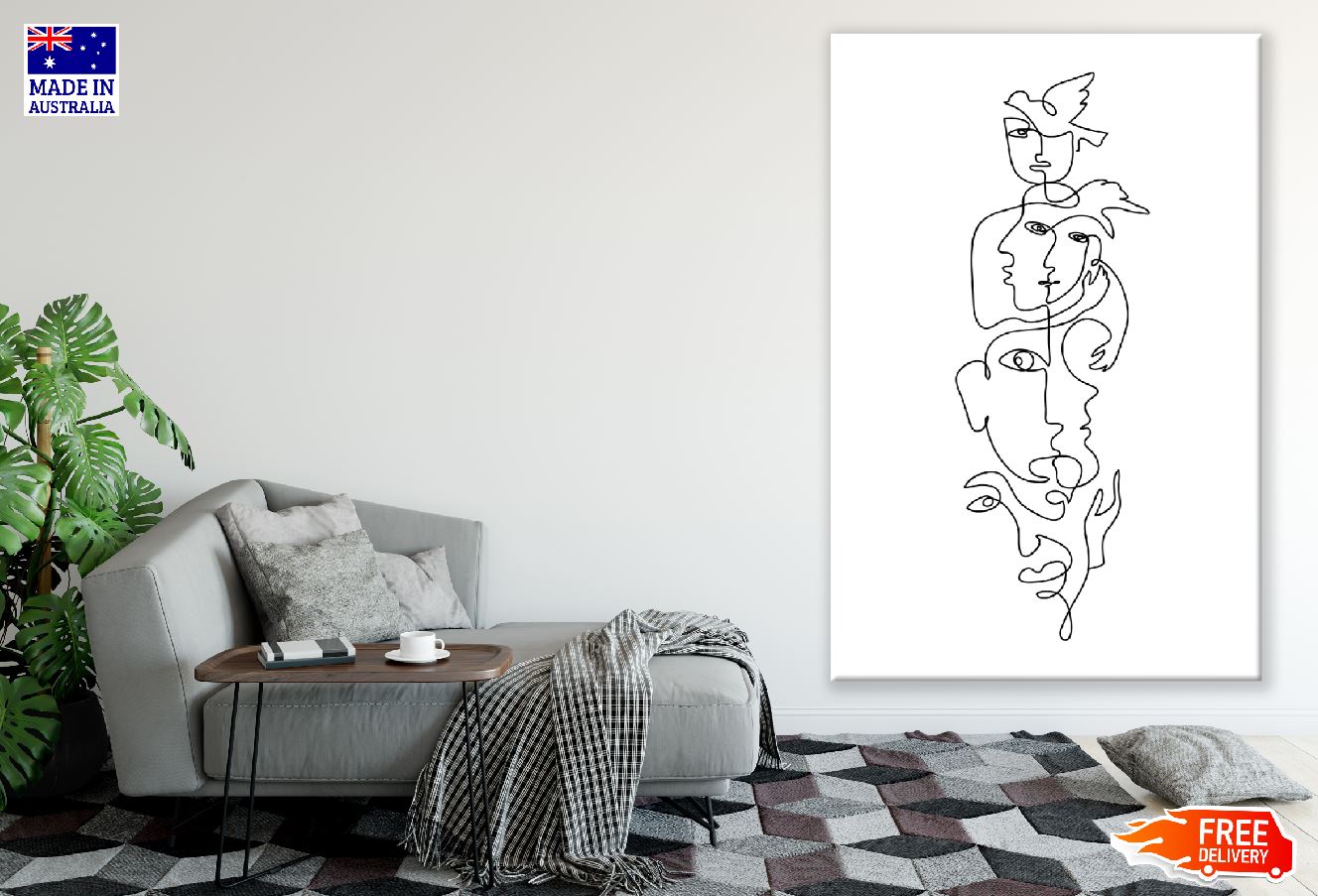 Human Faces B&W Line Art Design Print 100% Australian Made