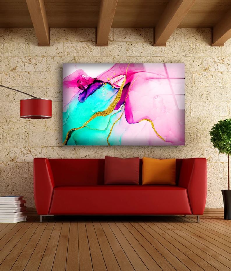 Blue Pink & Gold Abstract Design Acrylic Glass Print Tempered Glass Wall Art 100% Made in Australia Ready to Hang