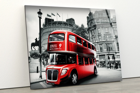 Red Bus in B&W City Photograph Acrylic Glass Print Tempered Glass Wall Art 100% Made in Australia Ready to Hang