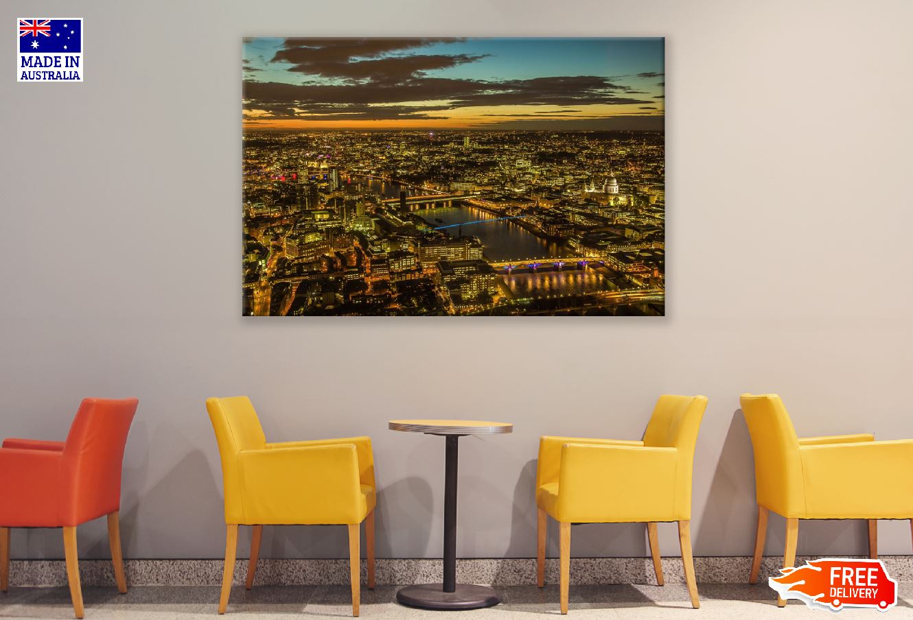 London City with Lake Night Aerial View Photograph Print 100% Australian Made