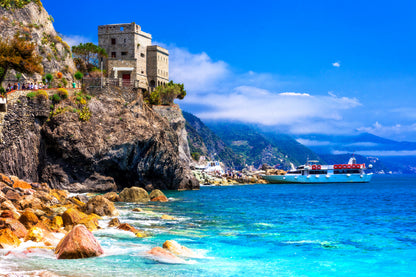 Cinque Terre Castle over Rock & Boat View Photograph Print 100% Australian Made