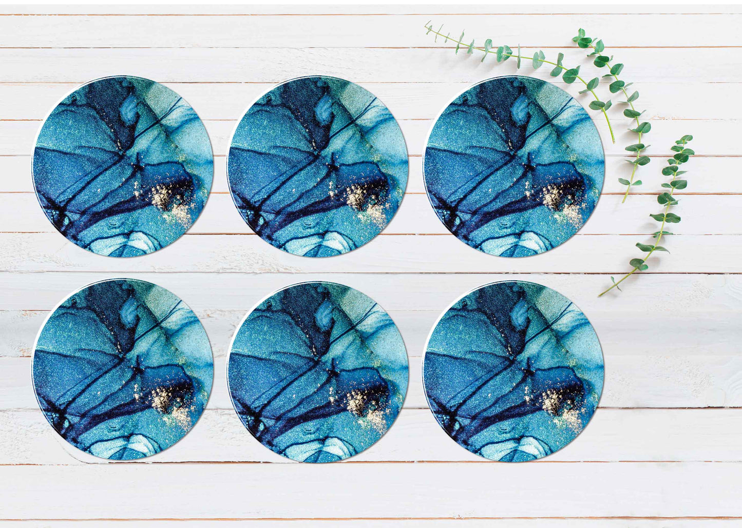 Blue Black & Silver Splash Abstract Coasters Wood & Rubber - Set of 6 Coasters