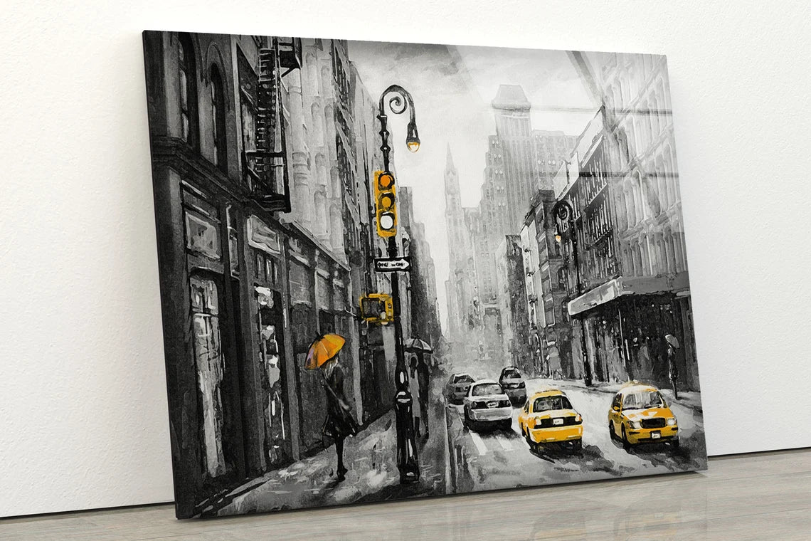 B&W City & Yellow Taxi Painting Acrylic Glass Print Tempered Glass Wall Art 100% Made in Australia Ready to Hang