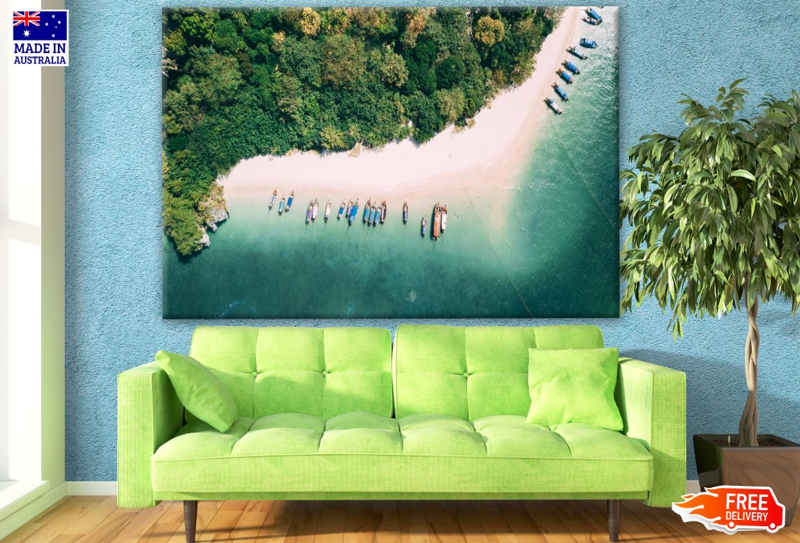 Stunning Aerial View of Beach with Boats Photograph Print 100% Australian Made