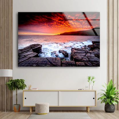 Sea with Rocks Sunset Scenery Photograph Acrylic Glass Print Tempered Glass Wall Art 100% Made in Australia Ready to Hang