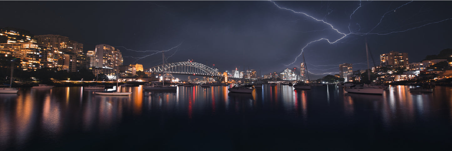 Panoramic Canvas Sydney Thunderstorm Night View Photograph High Quality 100% Australian Made Wall Canvas Print Ready to Hang