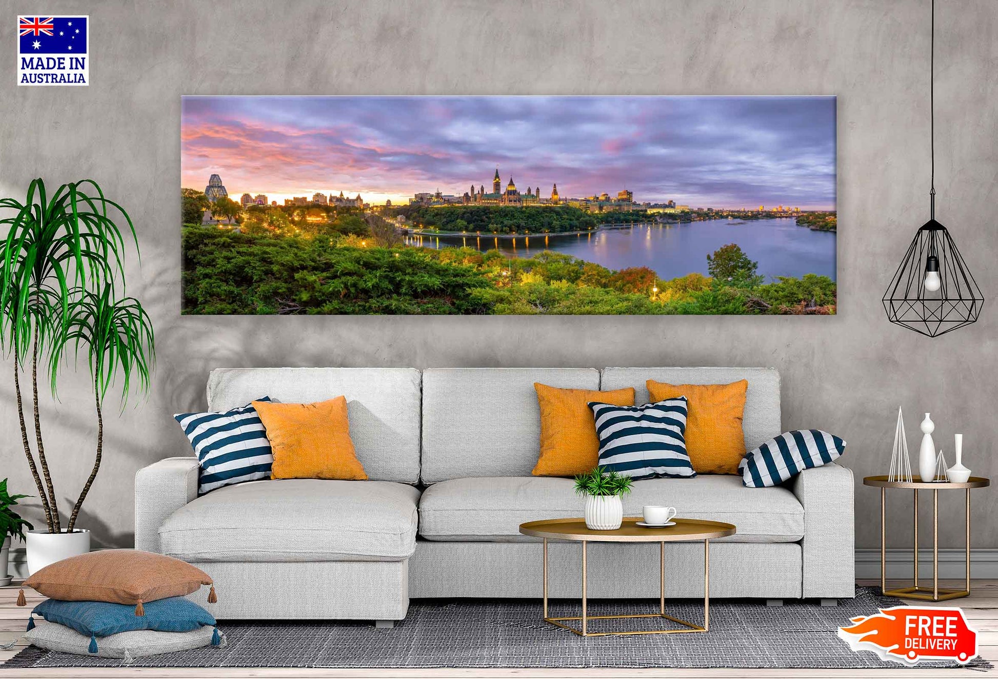 Panoramic Canvas Parliament Hill With Lights in The Evening High Quality 100% Australian Made Wall Canvas Print Ready to Hang