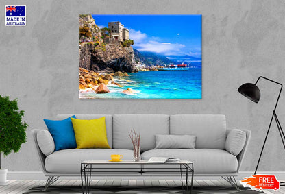 Cinque Terre Castle over Rock & Boat View Photograph Print 100% Australian Made