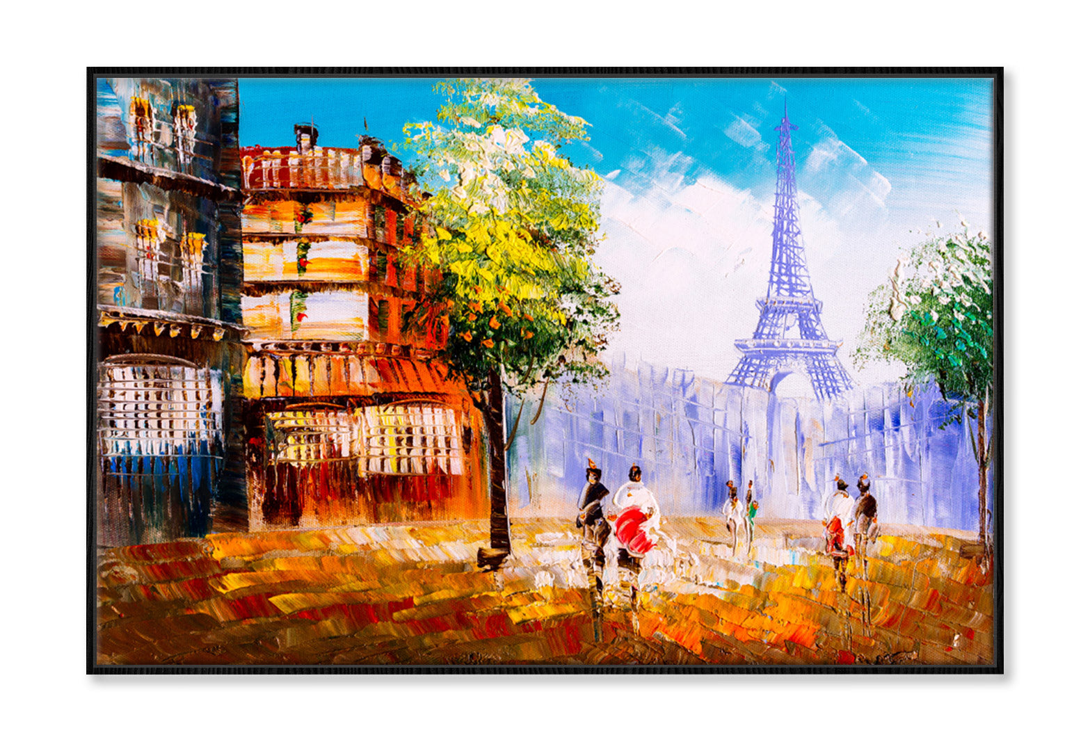 Trees in Street of Paris with People Oil Painting Wall Art Limited Edition High Quality Print Canvas Box Framed Black