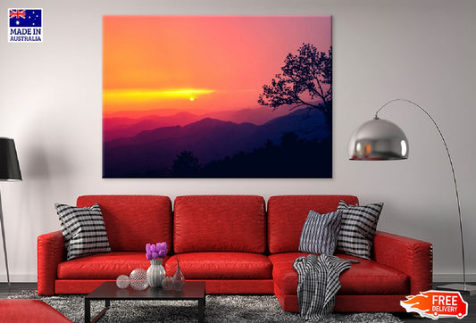Tree on Mountains Sunset Scenery Photograph Print 100% Australian Made