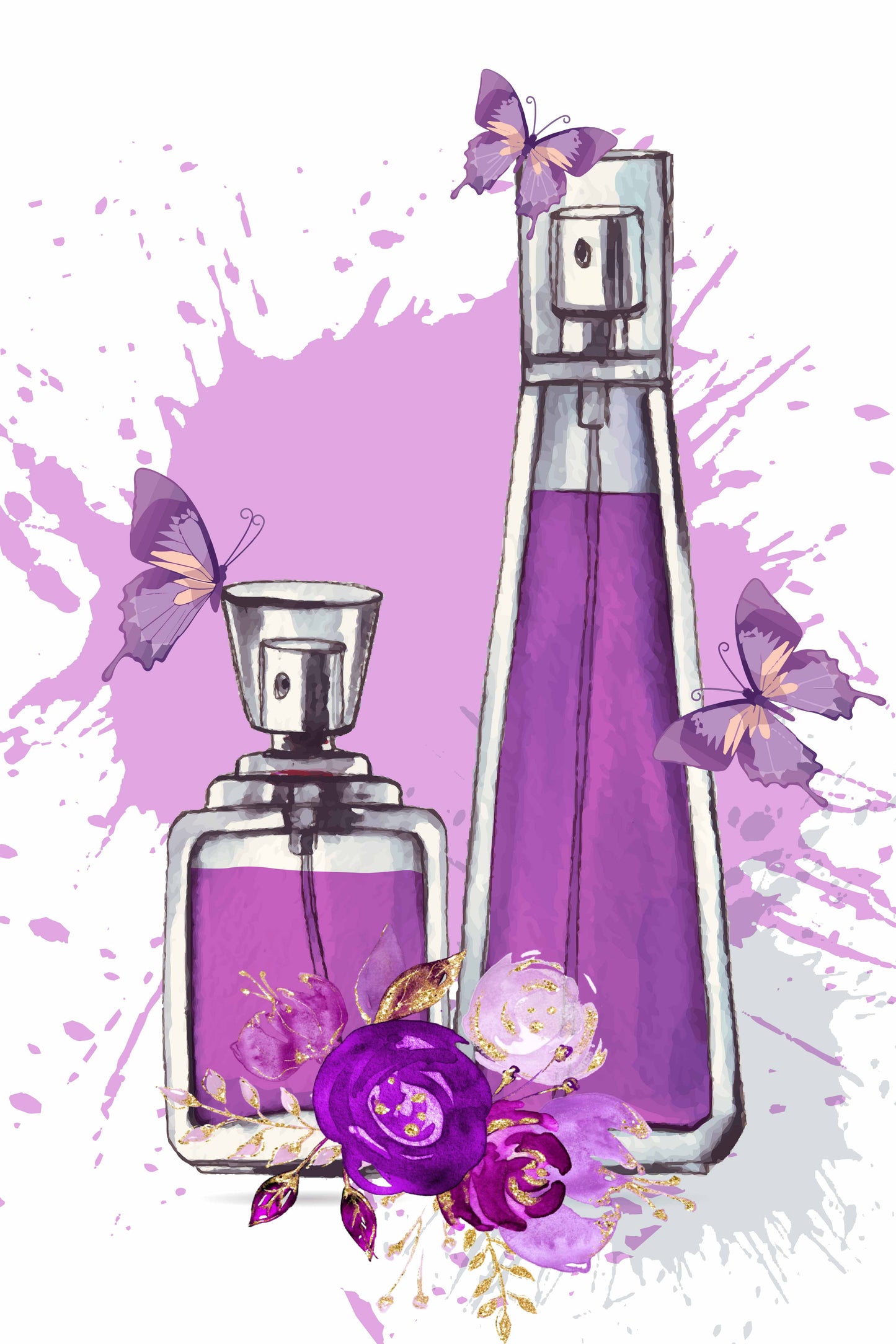 Purple Perfume Bottles, Flowers & Butterflies Watercolor Painting Print 100% Australian Made