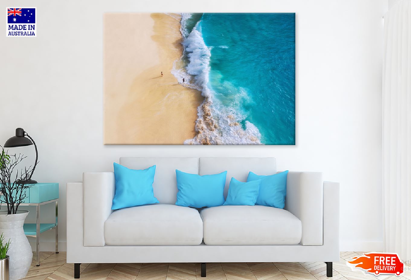 People on Sandy Seashore Waves View Photograph Print 100% Australian Made
