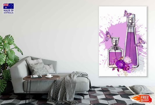 Purple Perfume Bottles, Flowers & Butterflies Watercolor Painting Print 100% Australian Made