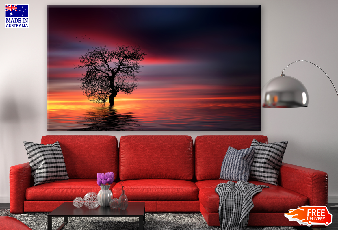 Lonely Tree with Reflection on Water Sunset Red Sky Photograph Print 100% Australian Made