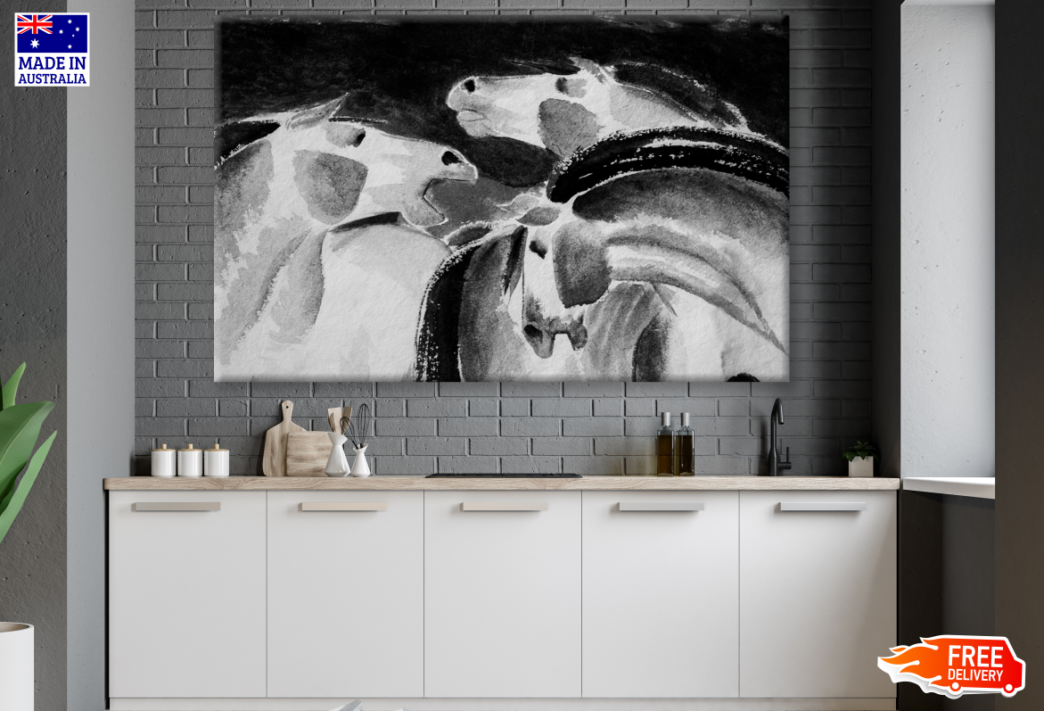 Horses Portrait B&W Painting Print 100% Australian Made