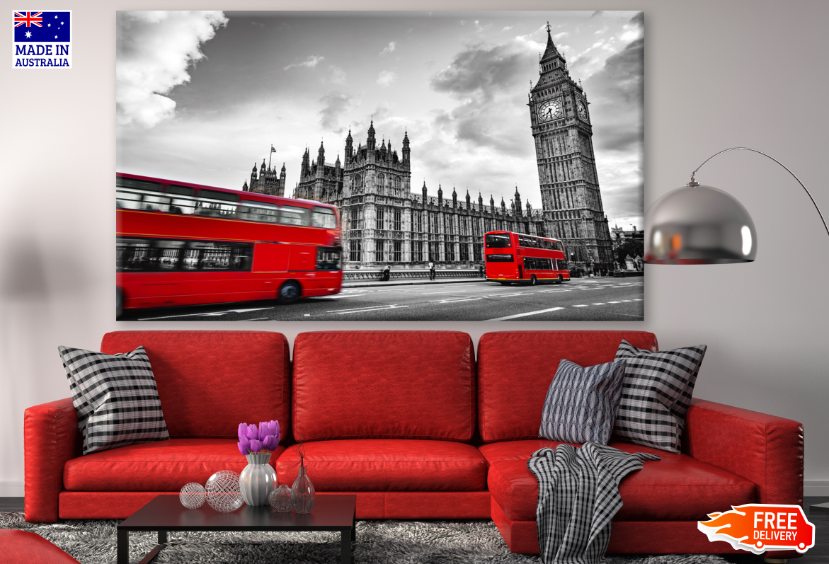 Double-deck Red Buses on Westminster Bridge with Big Ben in London B&W Photograph Print 100% Australian Made