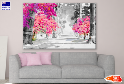 Watercolor Landscape Painting Black & White Tunnel of Trees with Pink Cherry Blossom Painting Print 100% Australian Made