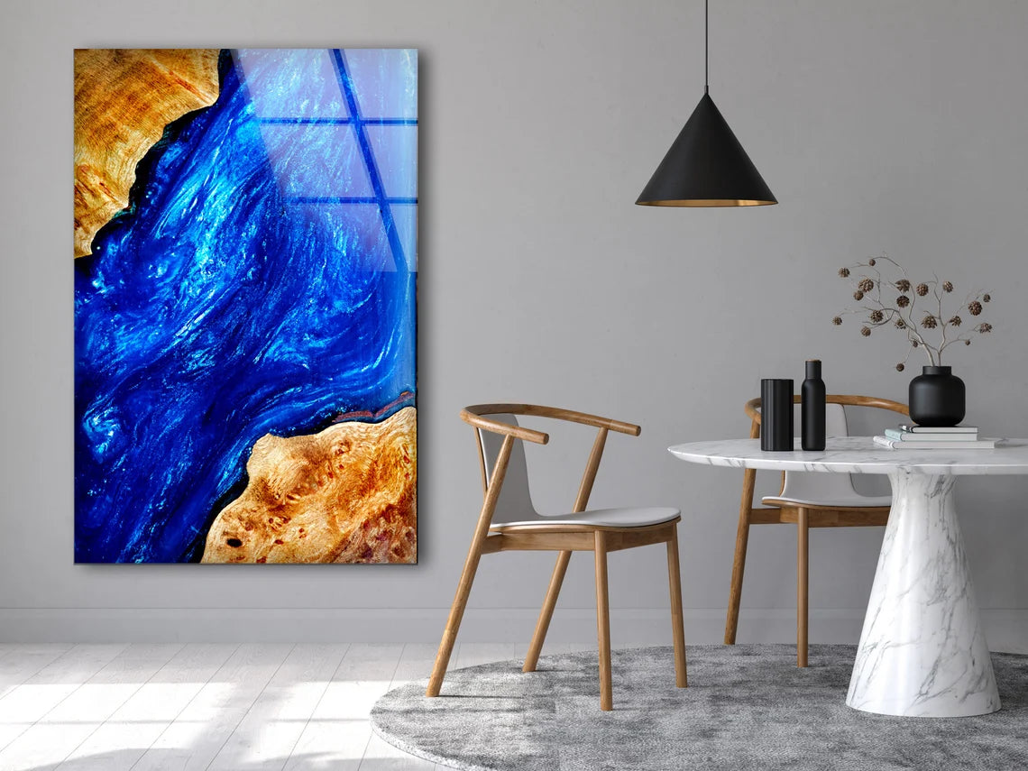 Wooden Marble With Epoxy Resin Blue Photograph Acrylic Glass Print Tempered Glass Wall Art 100% Made in Australia Ready to Hang