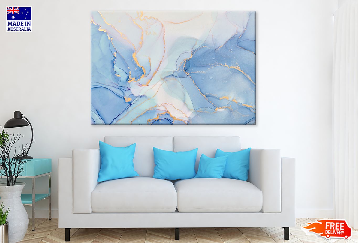 Blue Grey & Gold Fluid Abstract Design Print 100% Australian Made